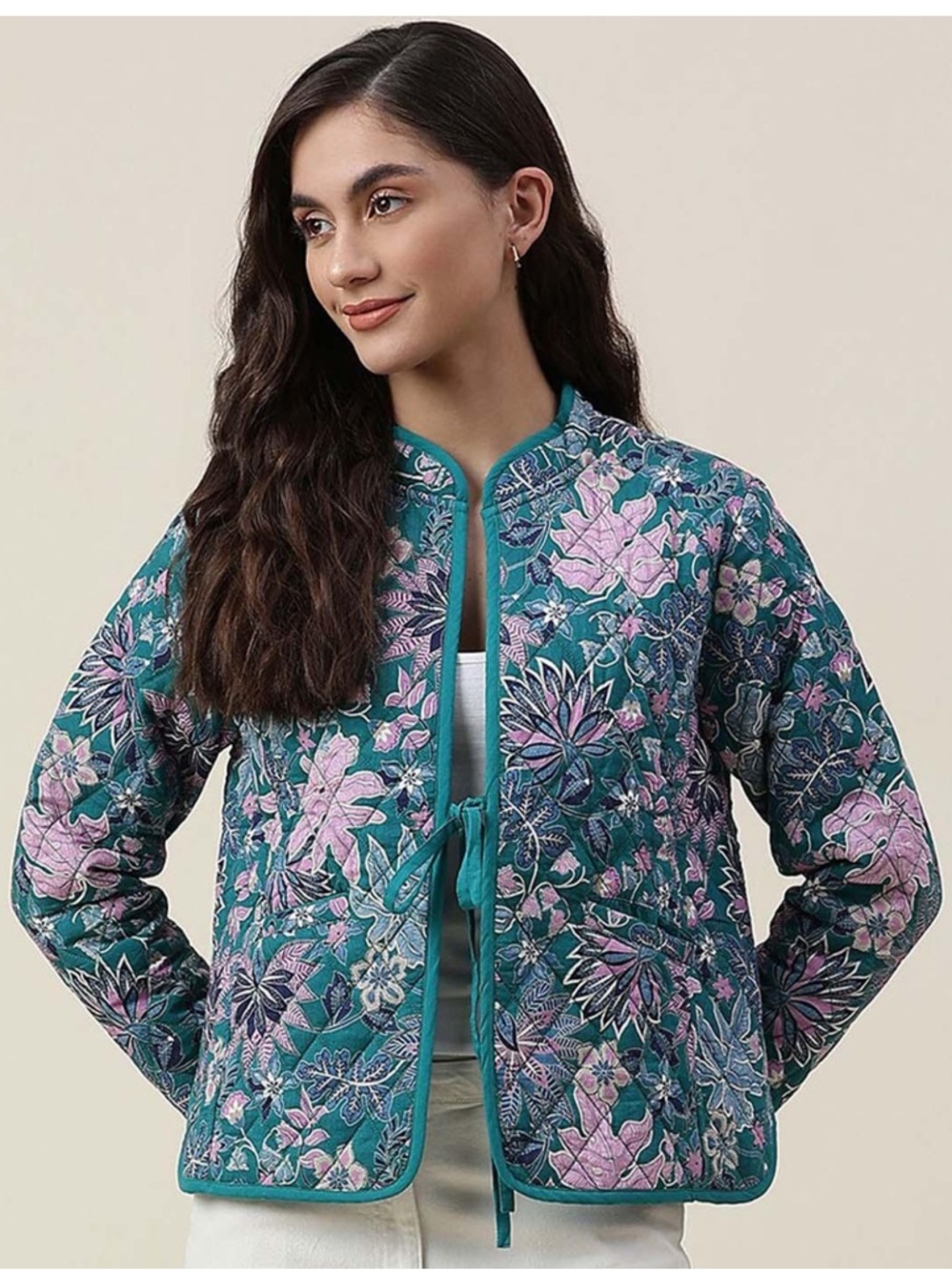 Fabindia Floral Print Open-Front Mandarin Collar Jacket Green Pink size Medium